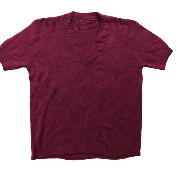 Vintage 1950s V-Neck Short Sleeve Maroon Burgundy/Wine  Knit Sweater - Picture 3 of 7
